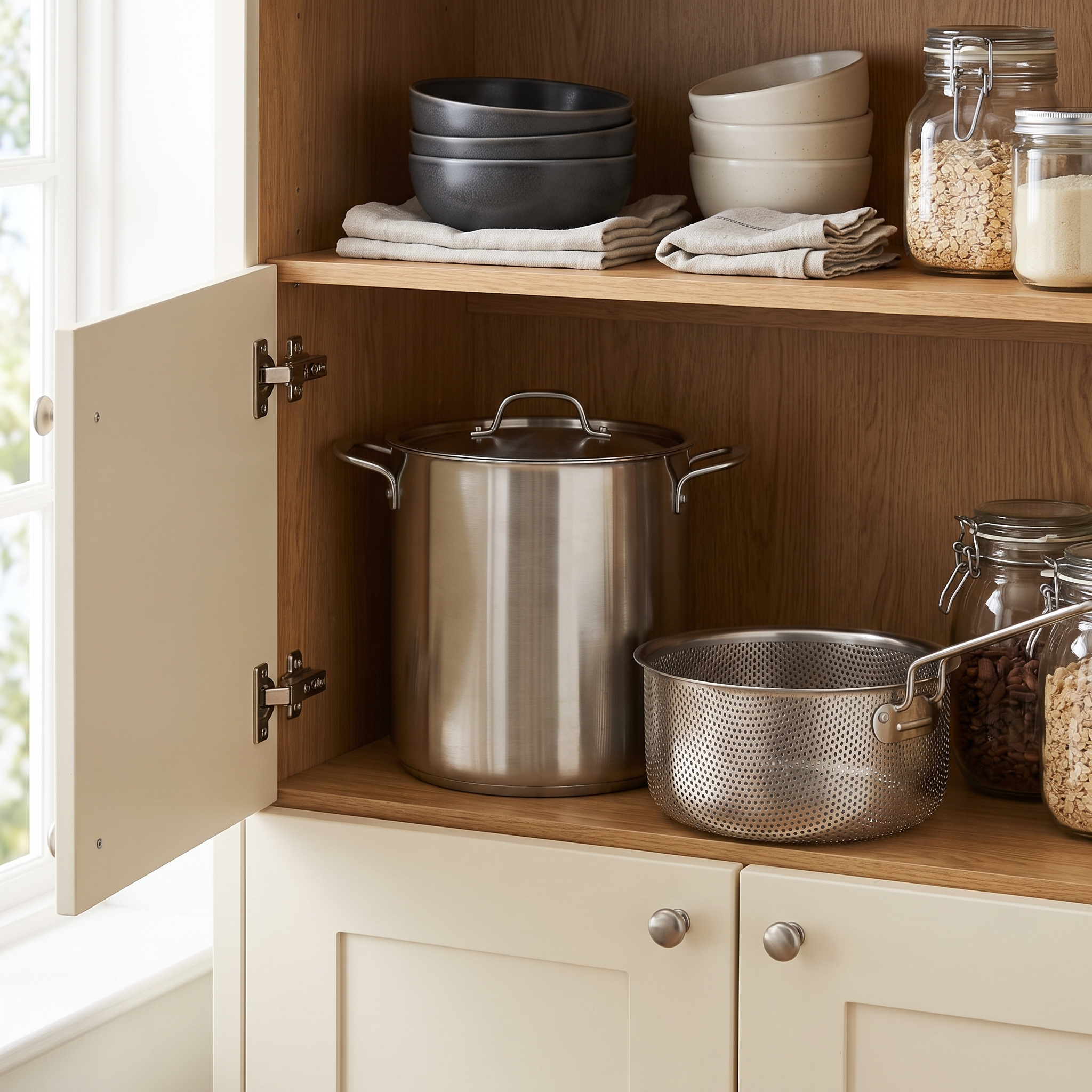 Compact storage in a kitchen cabinet