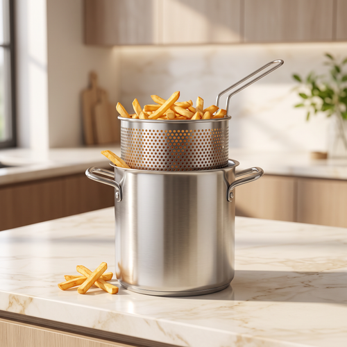 CrispNest Mini Fry Pot on a kitchen counter with the lift-out basket full of golden fries