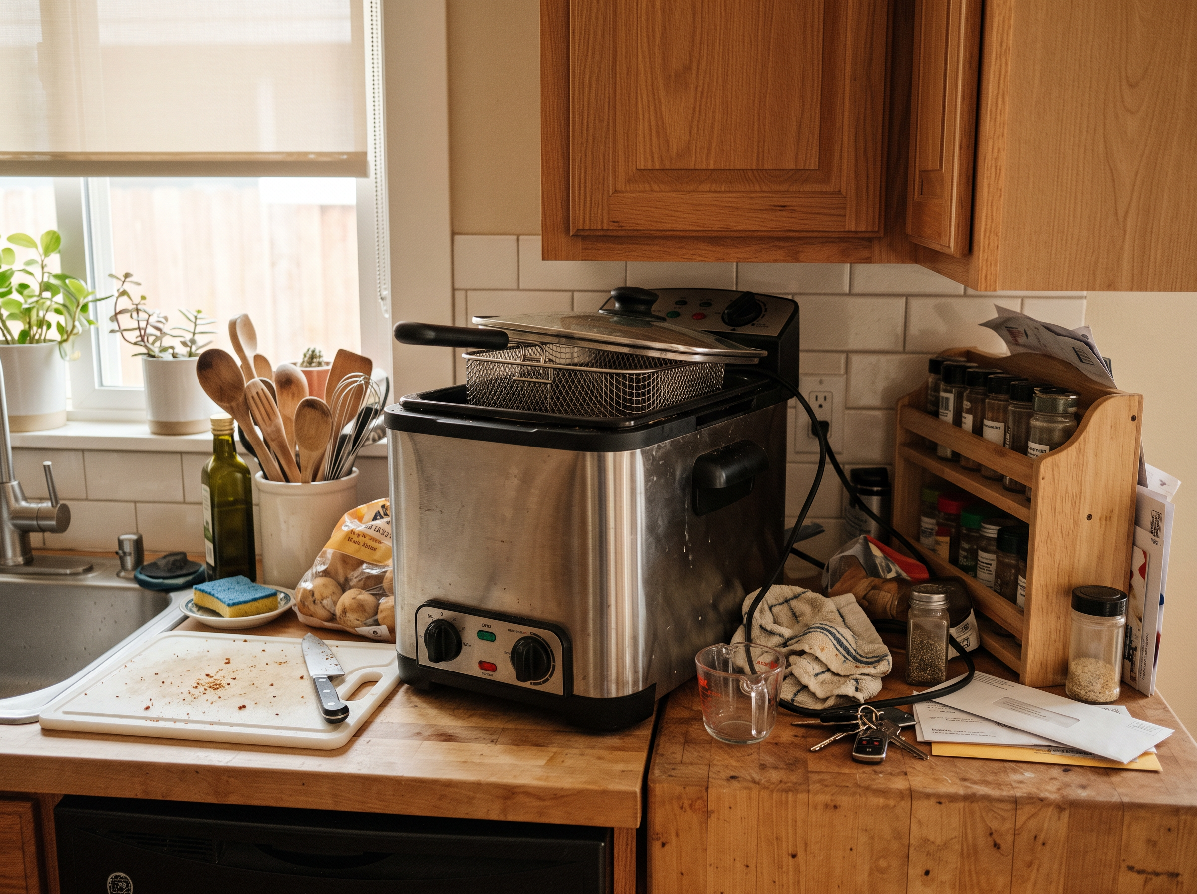 Cluttered kitchen counter with a bulky oversized fryer