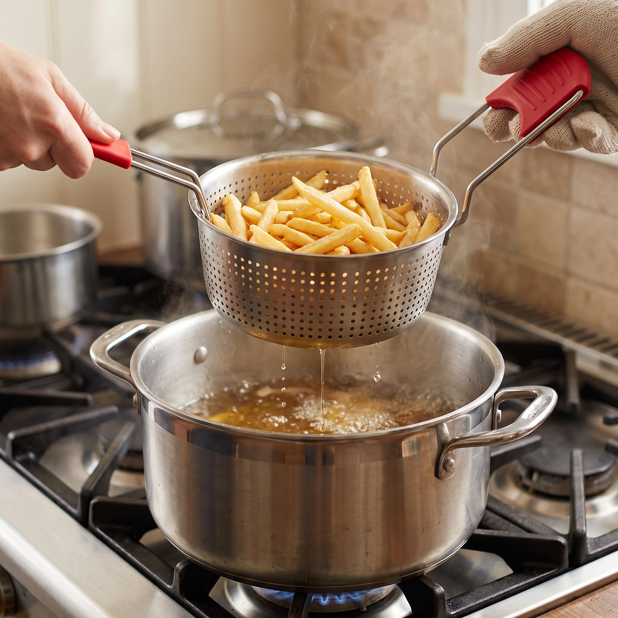 Lifting the basket out of the pot, draining oil