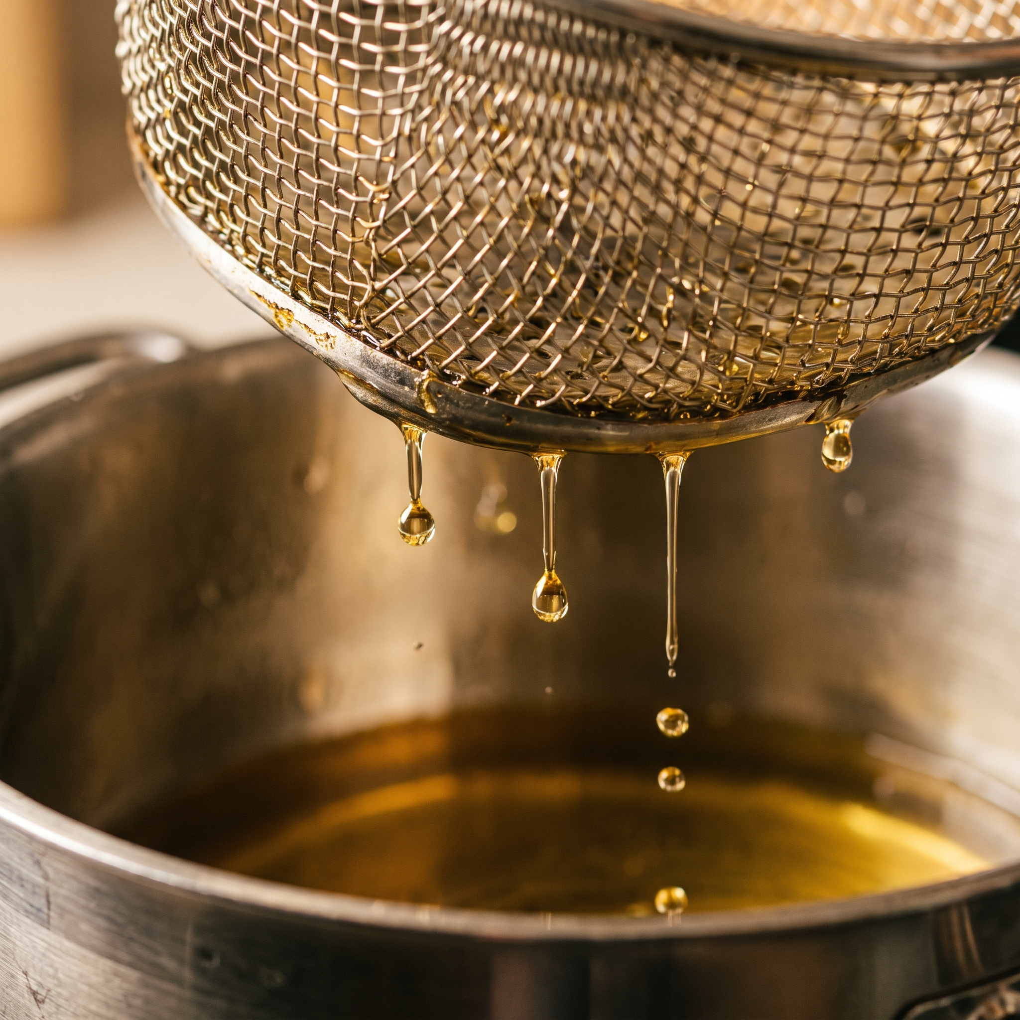 Oil draining back into the pot