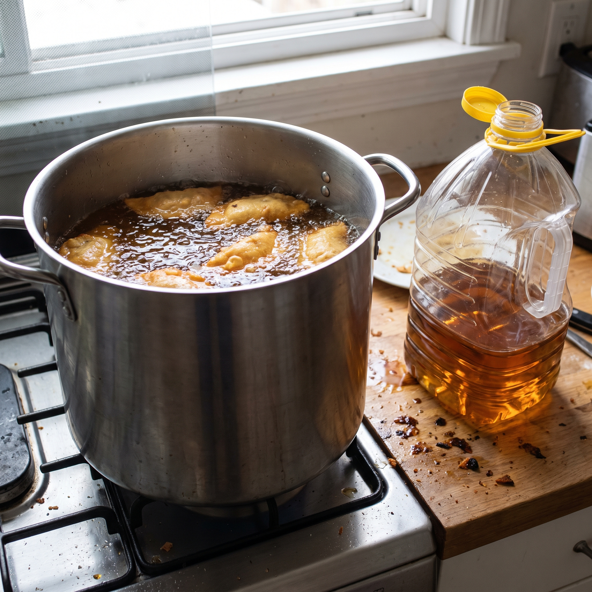 A large stockpot filled with excess wasted cooking oil, the traditional way of deep frying